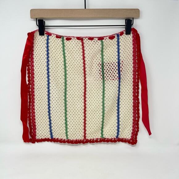 Vintage Off-White w/Red Blue Green Stripes‎ Hand Crochet Red Pocket Half Apron - Picture 5 of 6